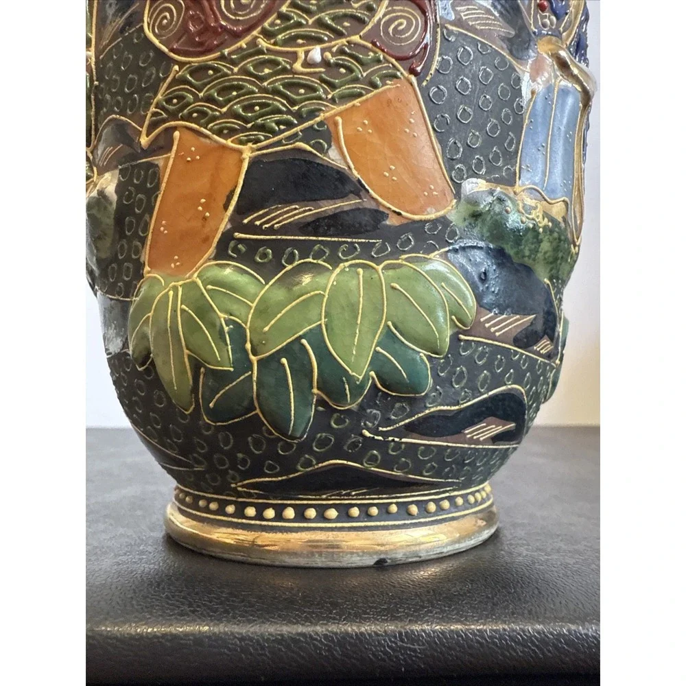 Antique Japanese Intricate Raised Enamel Moriage Satsuma Vase 6 Immortals Dragon